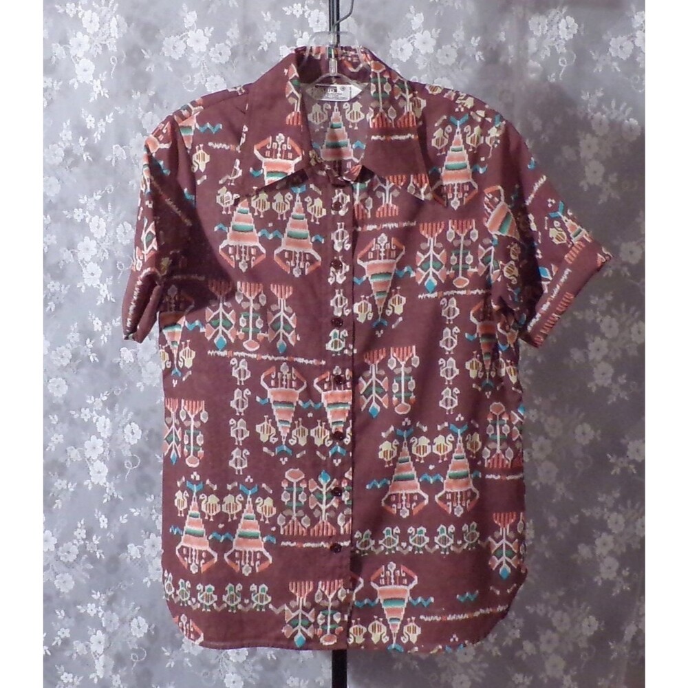 Vintage 60s Southwestern Print Blouse Size Medium Montgomery Ward Western Shirt